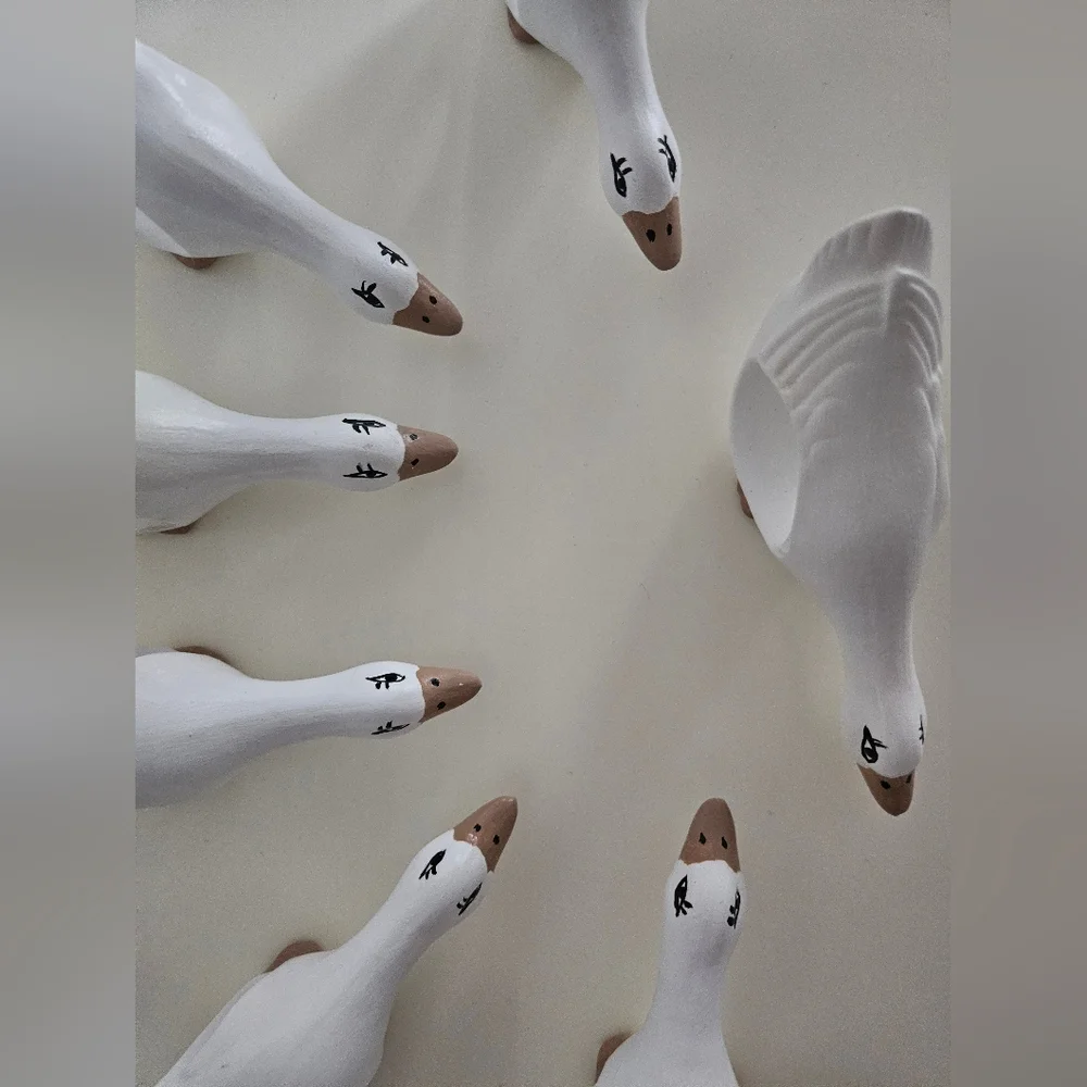 White Hand Painted Ceramic Goose Napkin Rings x 7